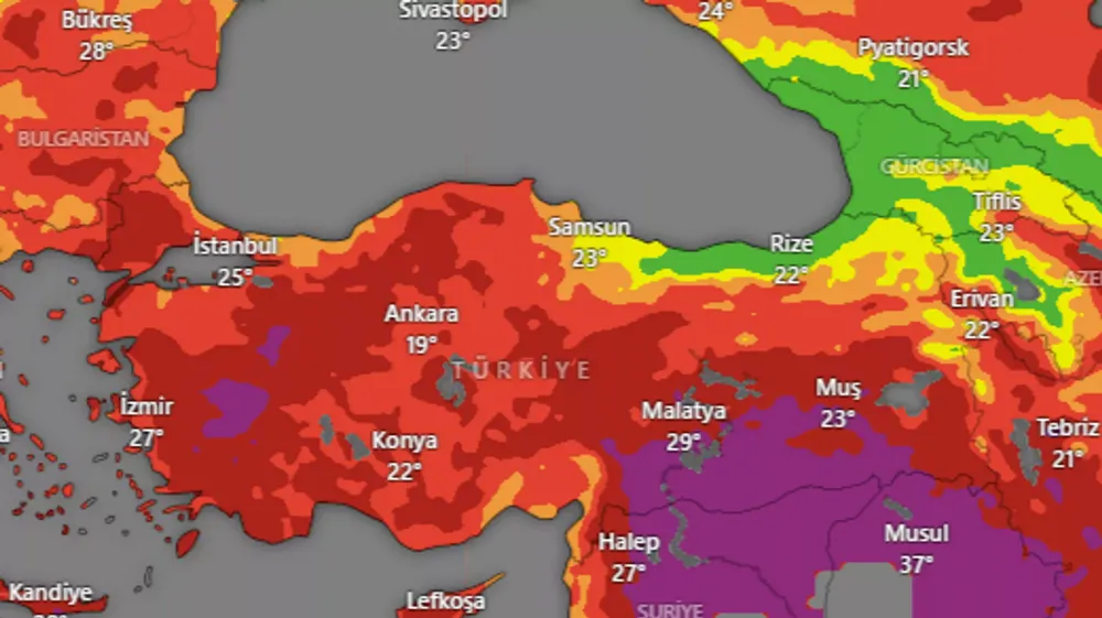 TÜRKİYE YANGIN RİSK HARİTASI KIRMIZI  VE MORA DÖNDÜ 
